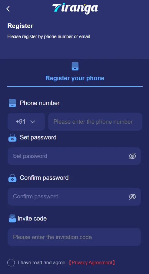 Tiranga game register page